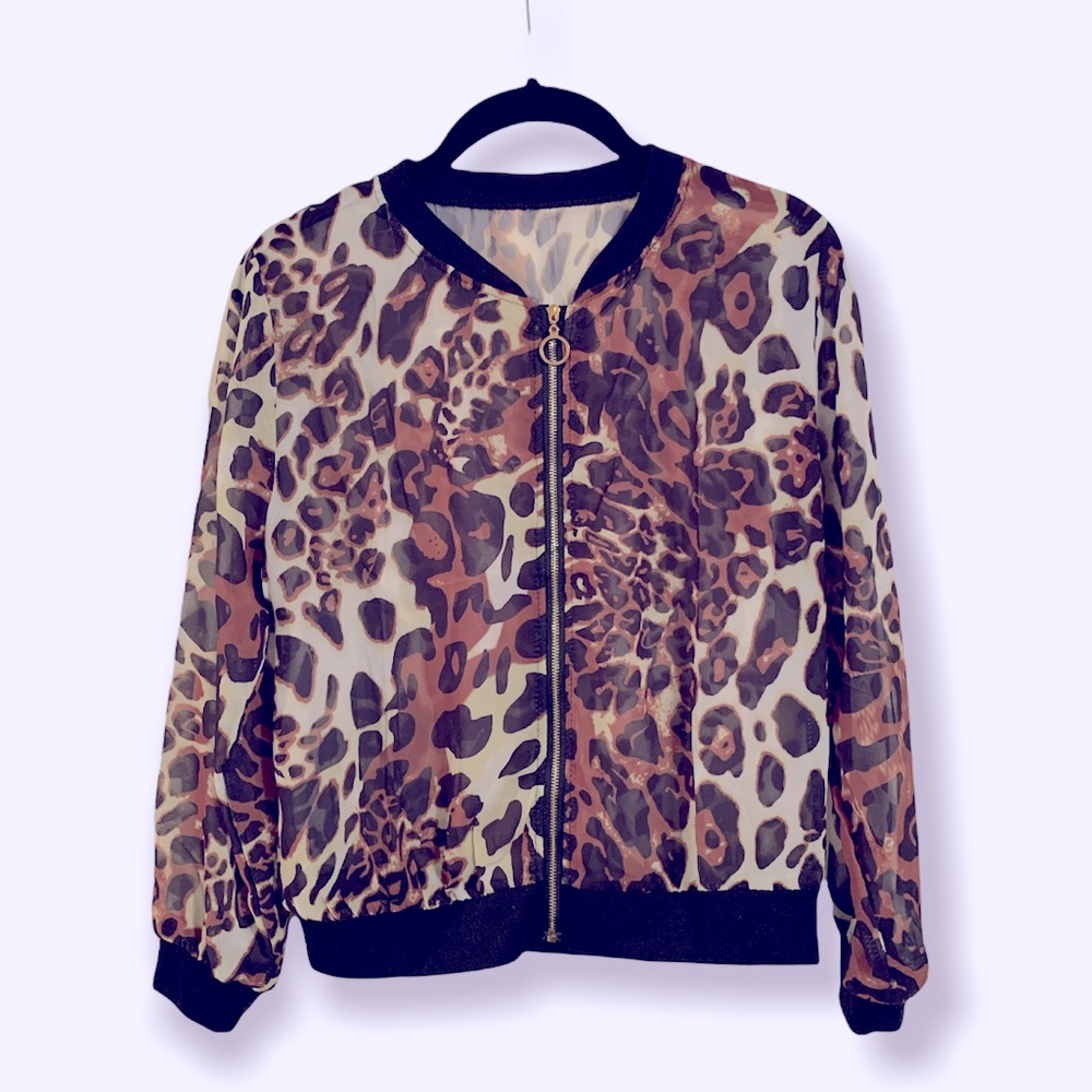 New Women’s Long Sleeve Animal Print Sheer Blouse w/ Front Zipper Size S